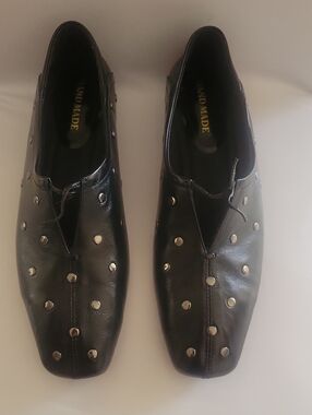 Women Black Leather Studded Slip-On Shoes